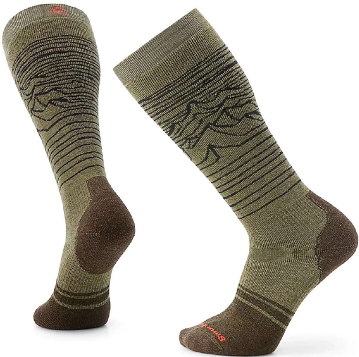 Smartwool Snowboard Full Cush Iguchi Over the Calf Socks 2022-2023 - A pair of green over-the-calf socks with a repeating pattern of black lines and a red logo on top.