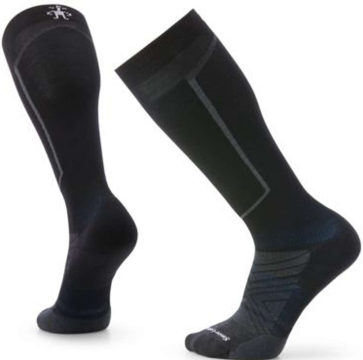 Smartwool Target Cushion Over the Calf Socks - A pair of black over-the-calf socks with a white logo on top and gray accents around the ankle.
