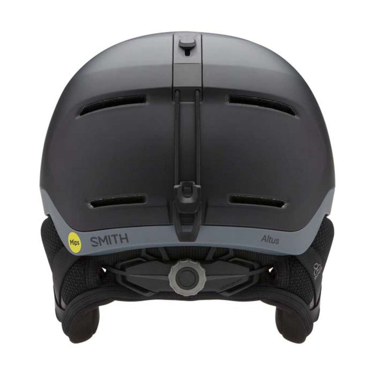 Smith Altus MIPS Helmet 2024 - A black helmet with a white logo on the front and a silver buckle on top.