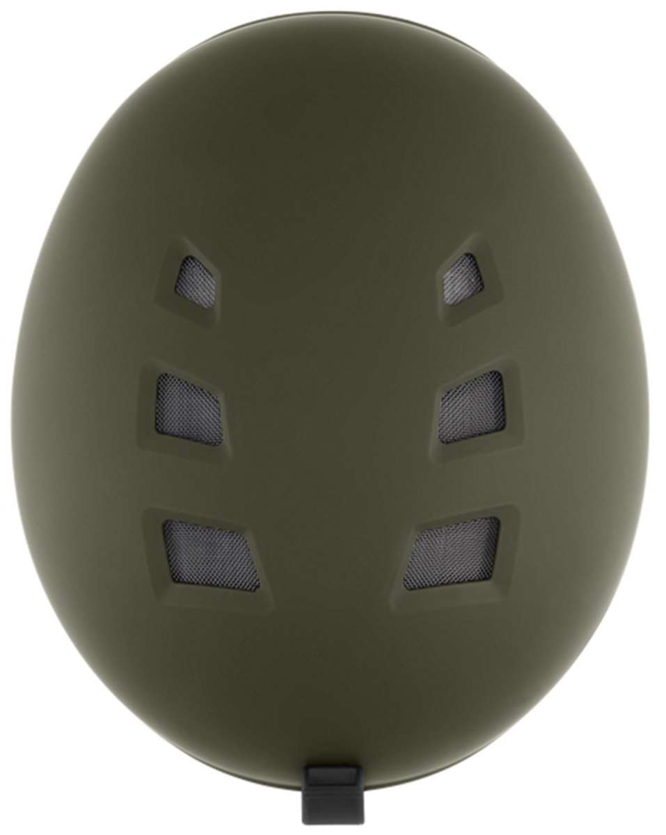 Smith Holt Helmet 2024 - Olive green helmet with a matte finish, featuring ventilation holes on top and a black strap at the back.