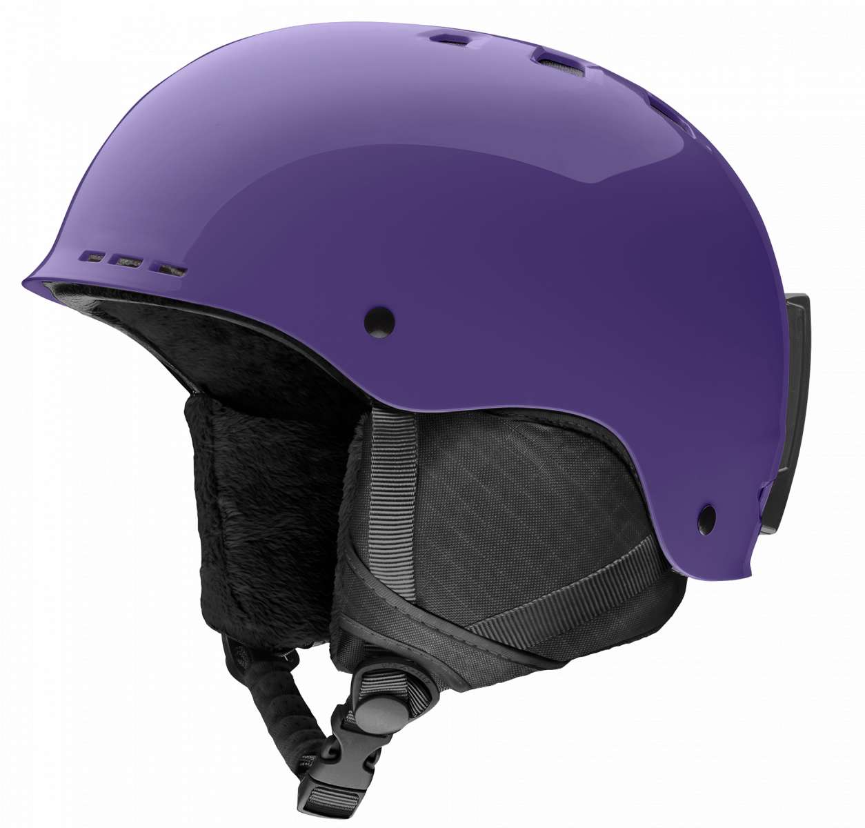 Smith Junior's Holt Helmet 2024 - A purple helmet with a black visor and chin strap, viewed from the side at an angle.
