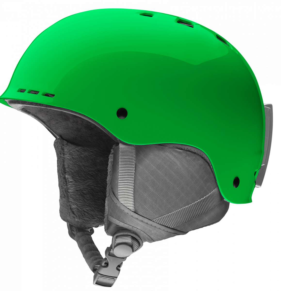 Smith Junior's Holt Helmet 2024 - A green helmet with a black visor and chin strap, viewed from the side at an angle.