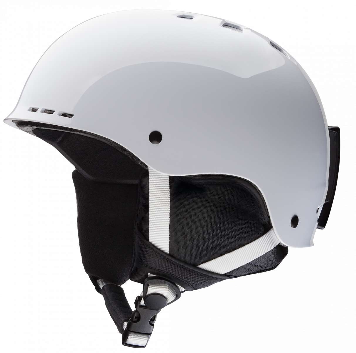 Smith Junior's Holt Helmet 2024 - White helmet with black visor and chin strap, side vents, and adjustable dial on top.