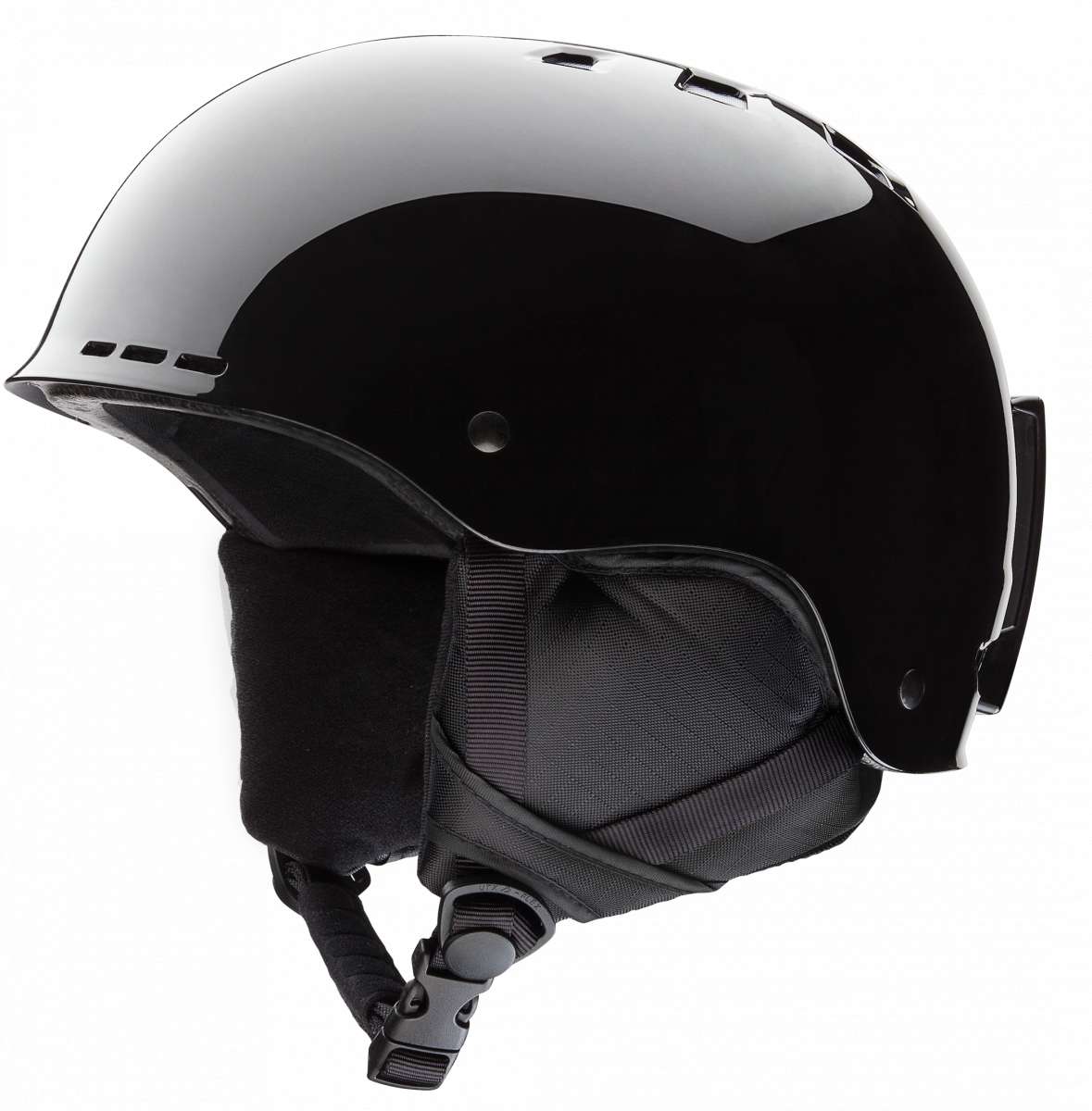 Smith Junior's Holt Helmet 2024 - Black helmet with a glossy finish, featuring ventilation holes on top and a chin strap.