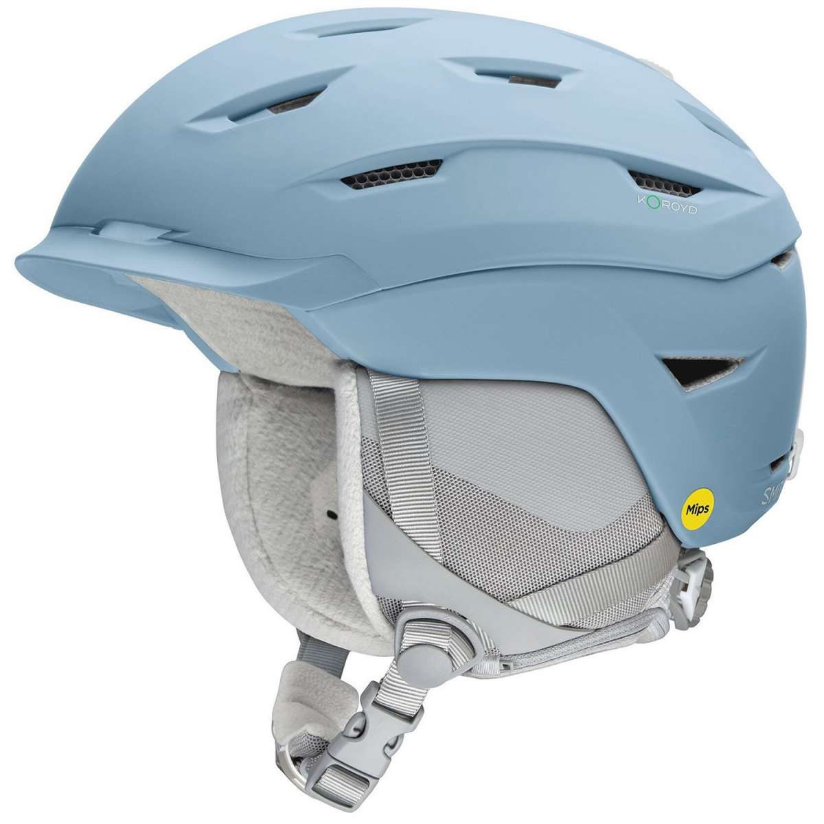 Smith Ladies Liberty MIPS Helmet 2024 - A light blue helmet with a white logo on the side and ventilation holes along the top.