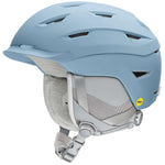 Smith Ladies Liberty MIPS Helmet 2024 - A light blue helmet with a white logo on the side and ventilation holes along the top.