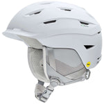 Smith Ladies Liberty MIPS Helmet 2024 - A white helmet with a black visor and ventilation holes on top, featuring a green "MIPS" logo on the side.