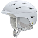 Smith Ladies Liberty MIPS Helmet 2024 - A white helmet with a black visor and ventilation holes on top, featuring a green "MIPS" logo on the side.