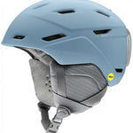 Smith Women's Mirage MIPS Helmet 2024 - A light blue helmet with a white logo on the side and a black chin strap.