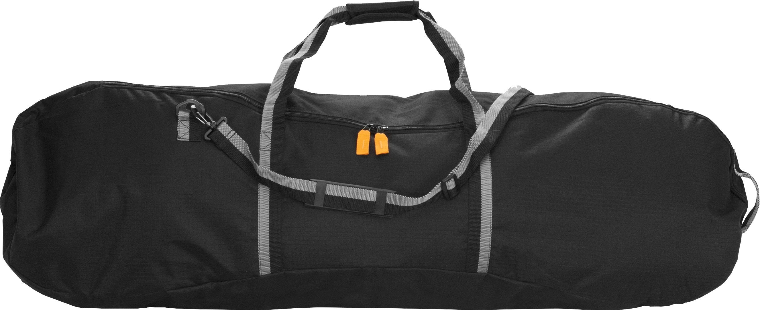 Black snowboard carry sack with padded handle, gray straps, and zipper pocket