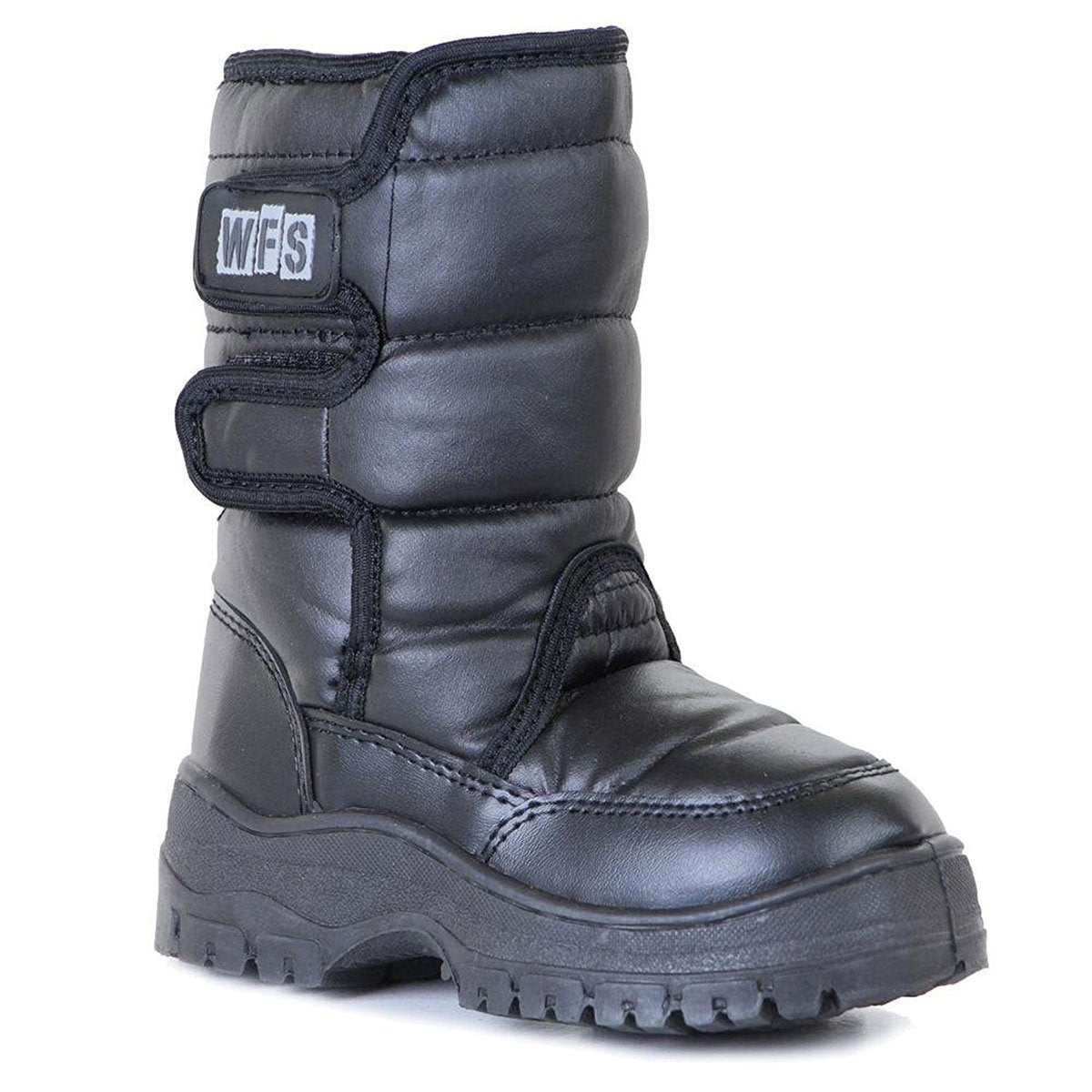 Sportcaster - Black snow boots with a thick, textured sole and a strap that goes across the top of the foot.