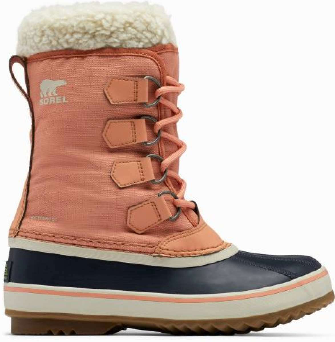 Sorel Ladies Winter Carnival Boot 2022-2023 - A pair of tall, dark brown boots with a thick cream-colored sole and laces.