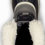 Sorel Ladies Winter Carnival Boot 2022-2023 - A black boot with a white sole and trim, featuring a thick, fluffy white fur lining around the ankle area.