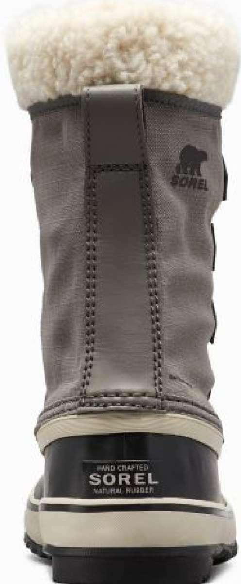 Sorel - Women's winter boots with gray leather upper and white fur trim around the top.