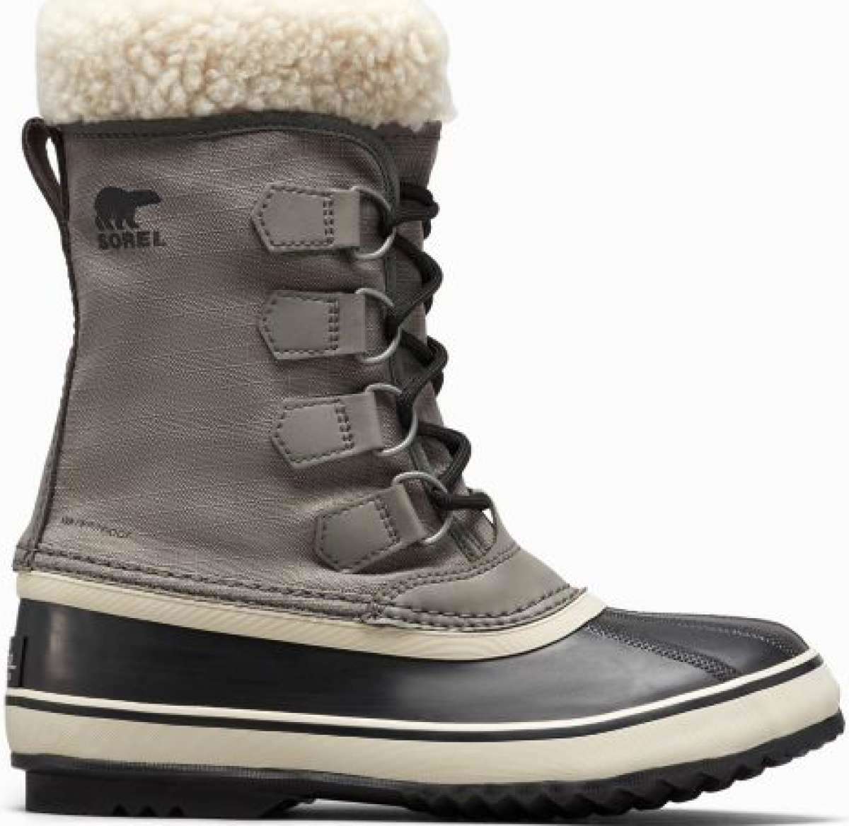Sorel Ladies Winter Carnival Boot 2022-2023 - A tall, grey boot with a thick cream-colored sole and black laces.