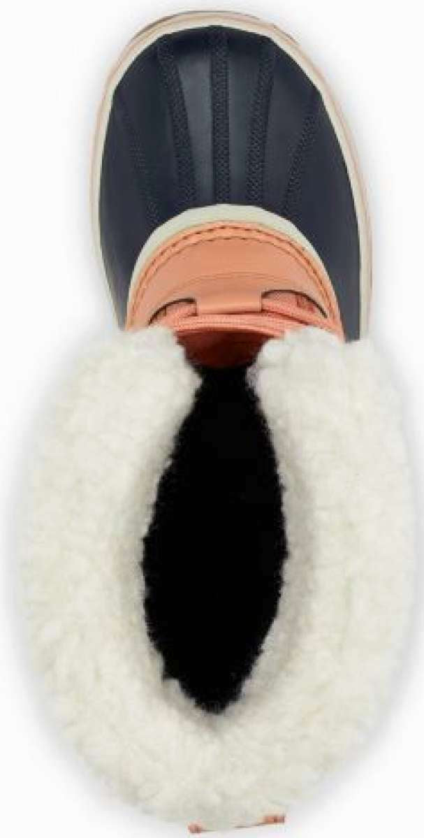 Sorel Ladies Winter Carnival Boot 2022-2023 - A navy blue boot with a white fur trim around the top and a thick cream-colored sole.