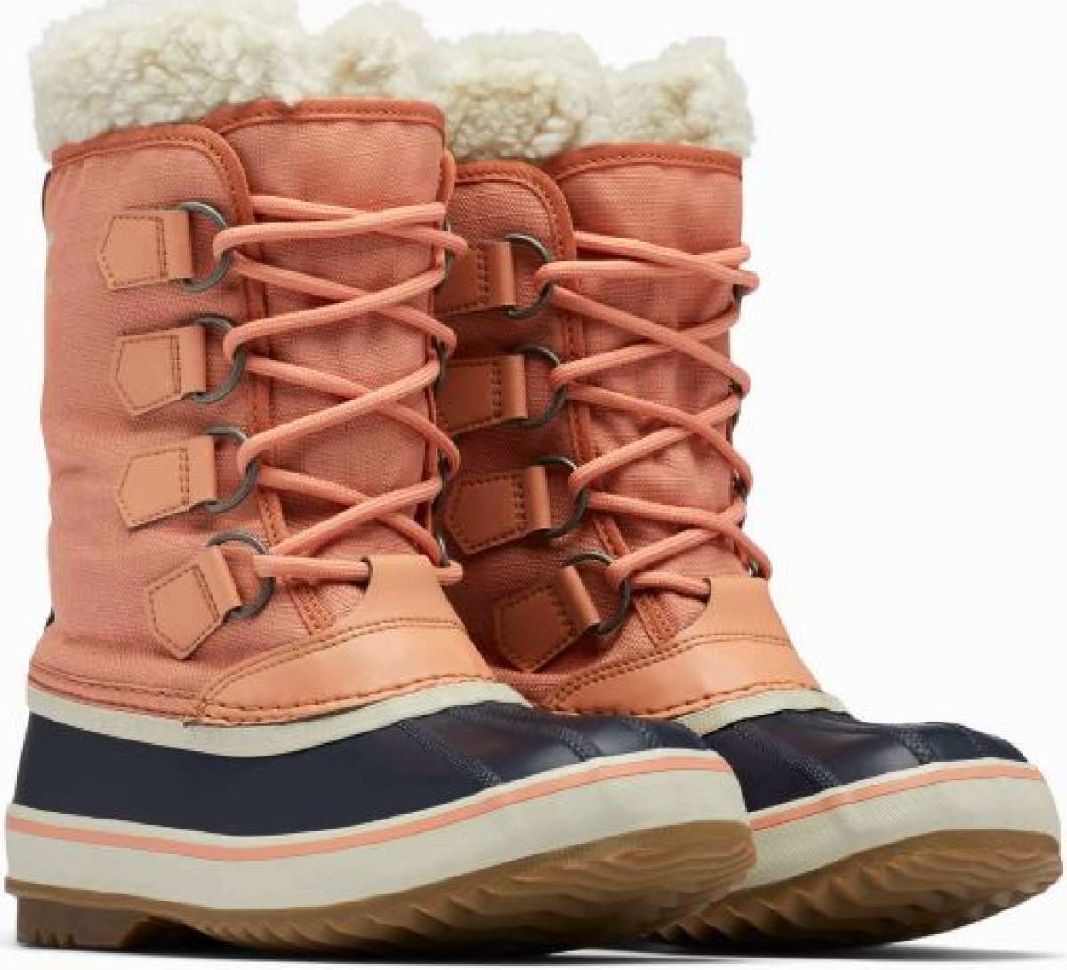 Sorel Ladies Winter Carnival Boot 2022-2023 - A pair of tall, salmon-colored boots with a thick cream-colored fur lining at the top and a black sole.