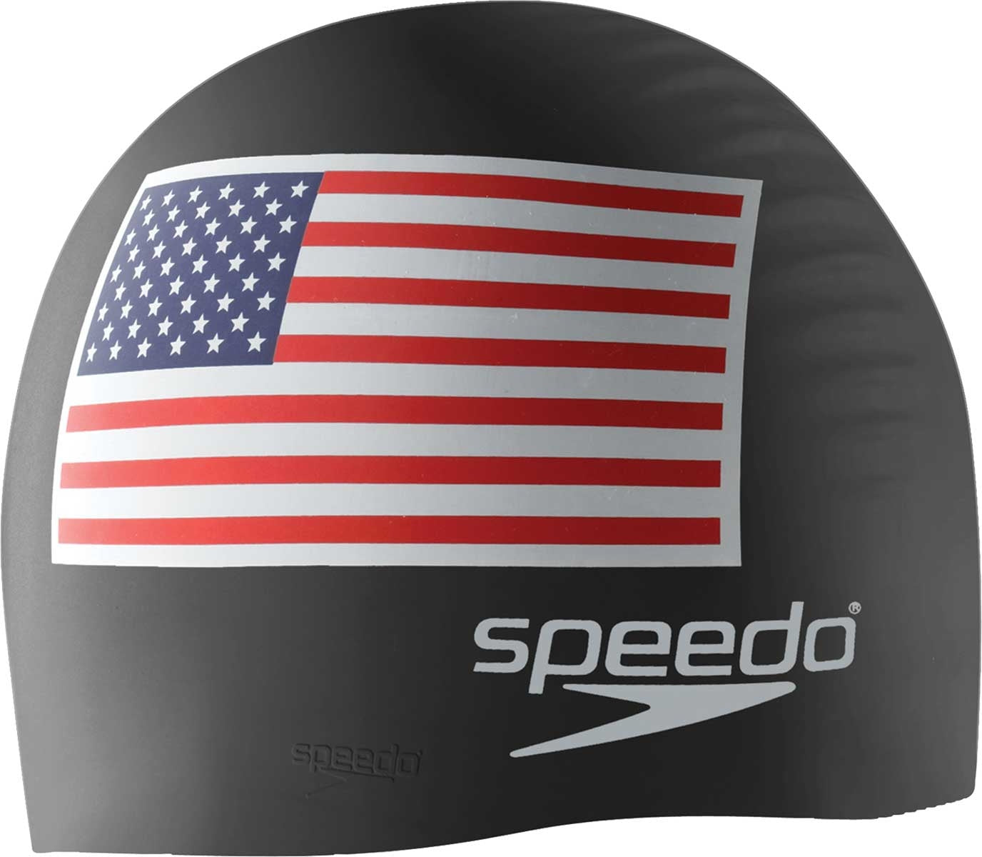 Speedo USA Flag Silicone Swim Cap - A silicone swim cap with a printed image of the American flag, featuring red and white stripes and blue stars on a navy background.