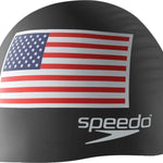 Speedo USA Flag Silicone Swim Cap - A silicone swim cap with a printed image of the American flag, featuring red and white stripes and blue stars on a navy background.