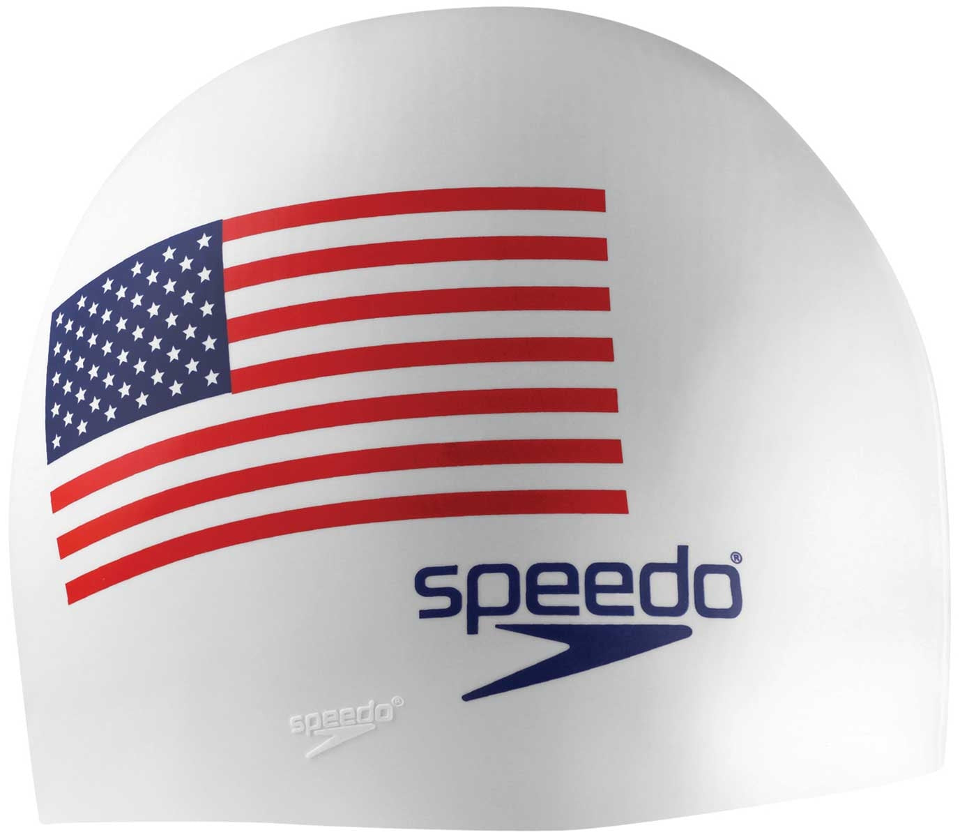 Speedo USA Flag Silicone Swim Cap - A red, white, and blue silicone swim cap with an American flag design printed on it.