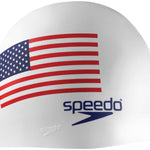 Speedo USA Flag Silicone Swim Cap - A red, white, and blue silicone swim cap with an American flag design printed on it.