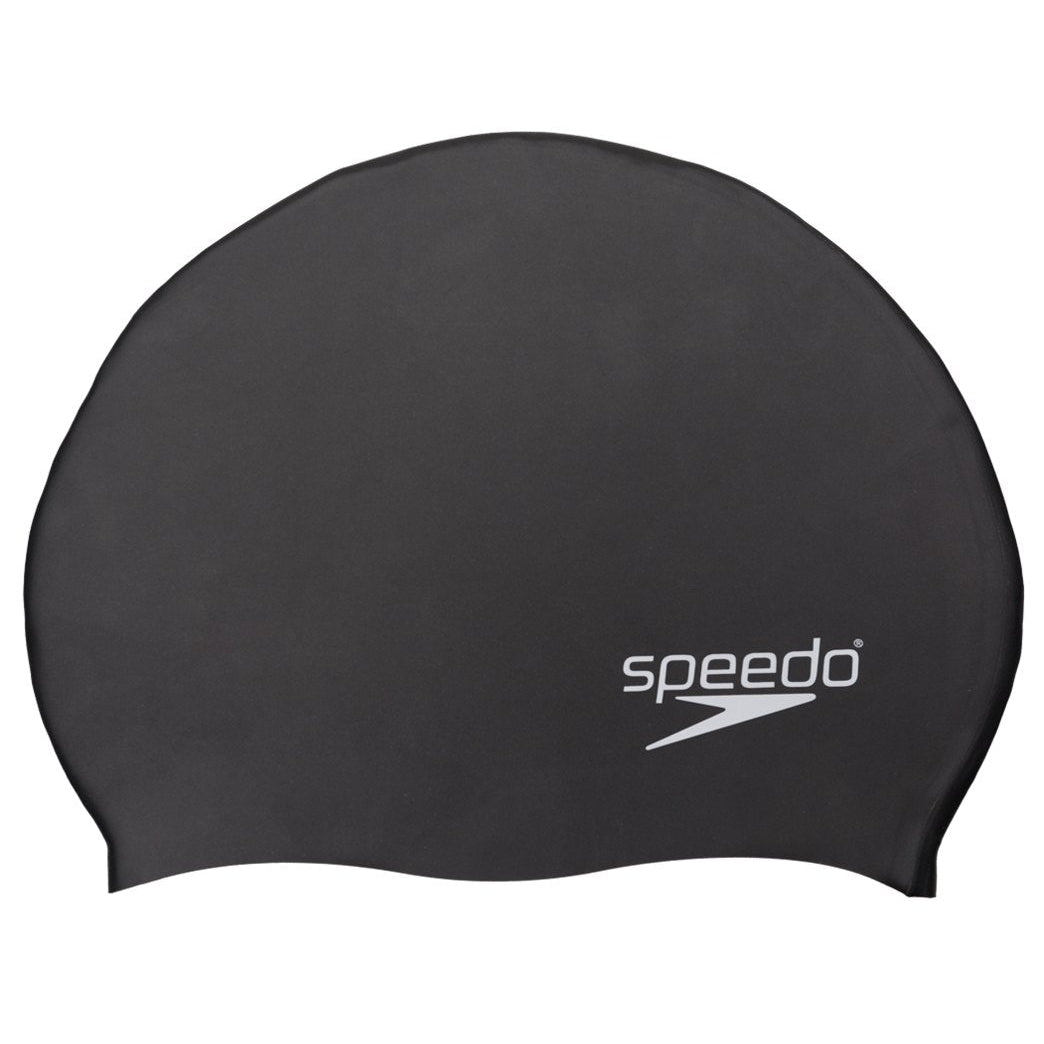 Speedo Elastomeric Solid Silicone Swim Cap - A solid black swim cap made of silicone, featuring a smooth texture and no visible patterns or logos.