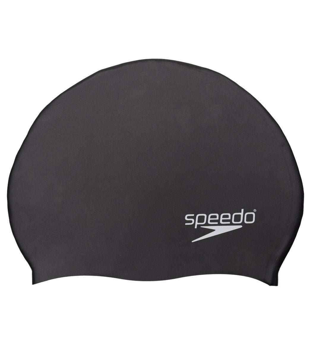 Speedo Elastomeric Solid Silicone Swim Cap - A solid black swim cap made of silicone, featuring a smooth texture and no visible patterns or logos.