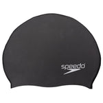 Speedo Elastomeric Solid Silicone Swim Cap - A solid black swim cap made of silicone, featuring a smooth texture and no visible patterns or logos.