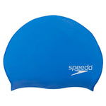 Speedo Elastomeric Solid Silicone Swim Cap - A solid blue swim cap made of silicone, featuring a smooth texture and no visible patterns or logos.