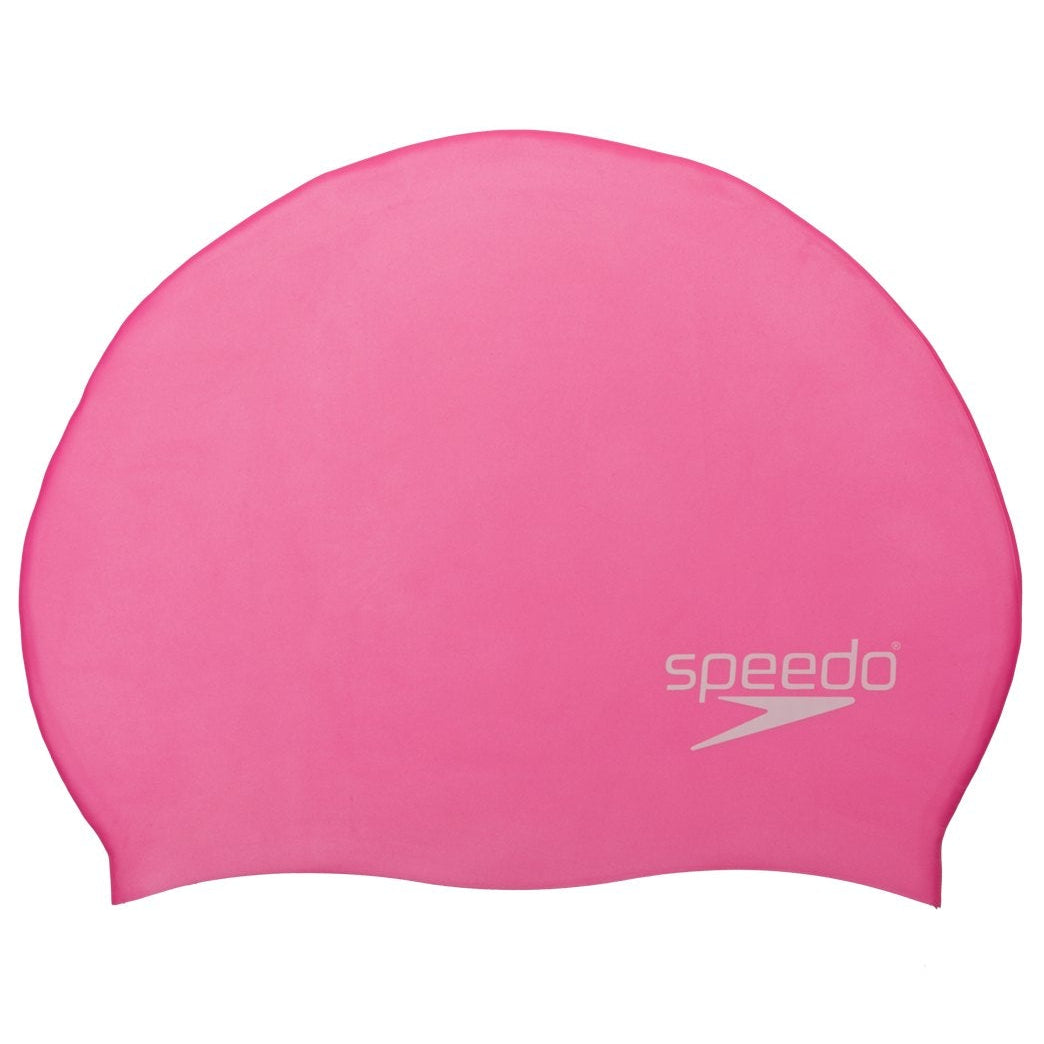 Speedo Elastomeric Solid Silicone Swim Cap - A solid pink swim cap made of silicone, featuring a smooth texture and no visible patterns or logos.