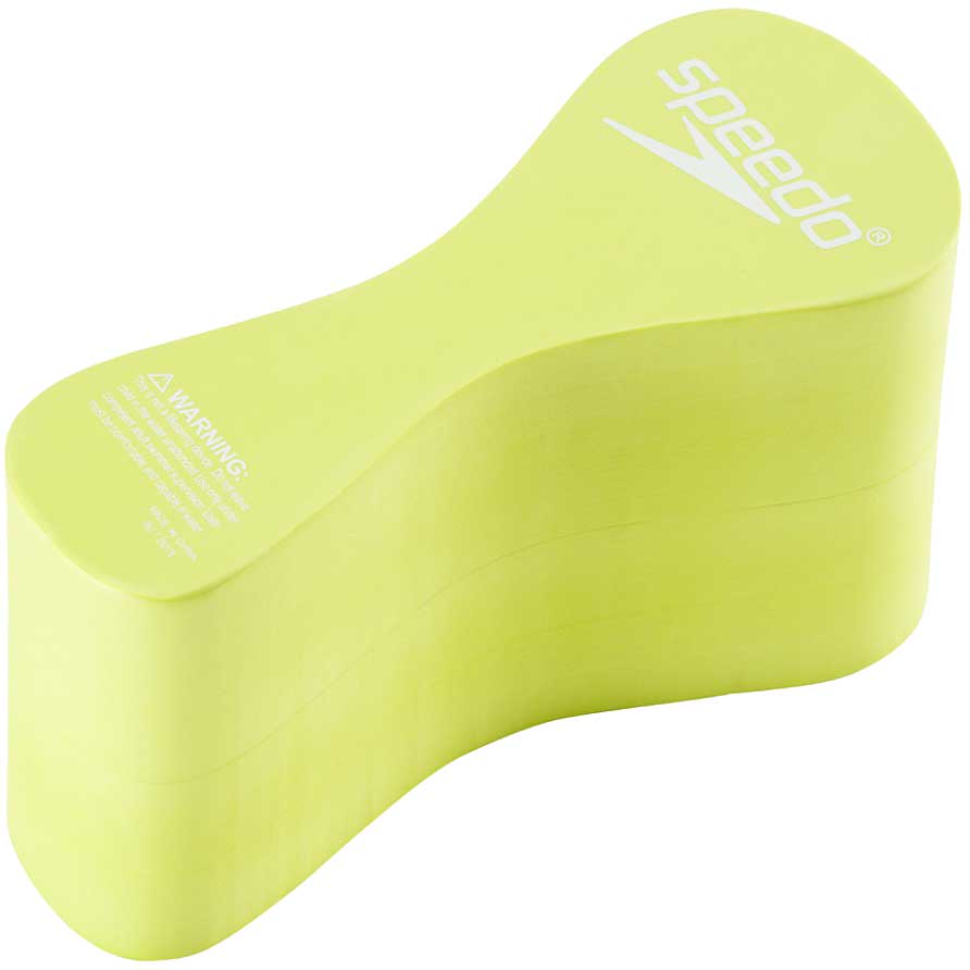 Speedo Juniors' Team Pull Buoy - Yellow buoy with white logo and text on top, featuring a triangular shape with rounded edges.