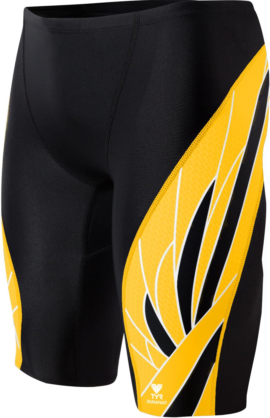 TYR Men's Phoenix Splice Jammer Swimsuit - A black swimsuit with a yellow and white abstract design on the left leg.