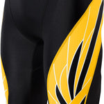 TYR Men's Phoenix Splice Jammer Swimsuit - A black swimsuit with a yellow and white abstract design on the left leg.