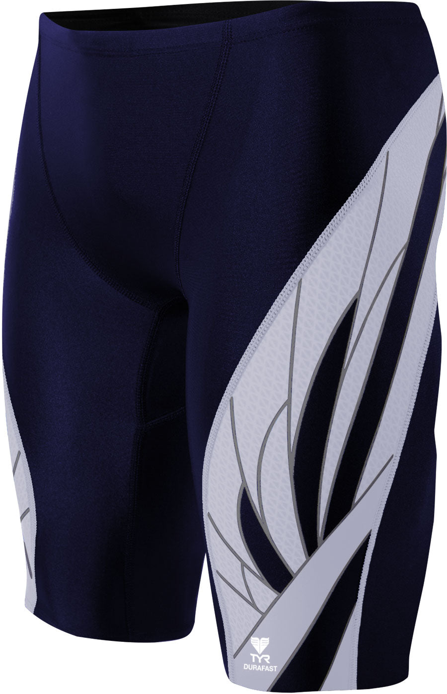 TYR Men's Phoenix Splice Jammer Swimsuit - A navy blue swimsuit with a white and grey abstract pattern on the left leg.
