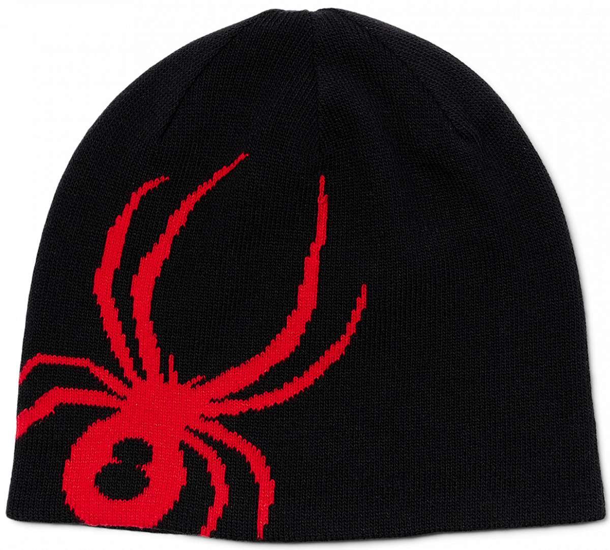Spyder Arachnid Beanie 2024 - A black beanie with a large red spider graphic on the front.