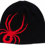 Spyder Arachnid Beanie 2024 - A black beanie with a large red spider graphic on the front.