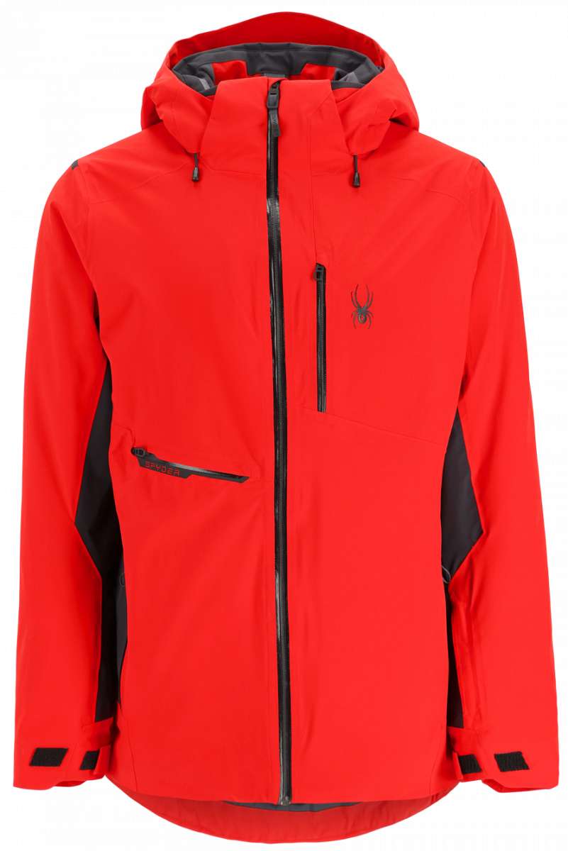 Spyder Avid Stretch Insulated Jacket 2023 - A red jacket with a black zipper and two zippered pockets on the front.