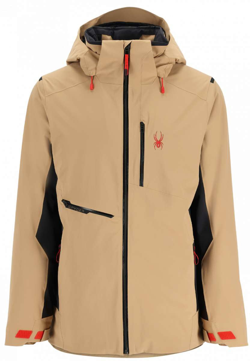 Spyder Avid Stretch Insulated Jacket 2023 - Beige jacket with black accents and a red spider logo on the left chest.