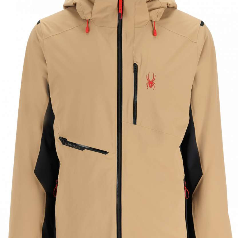 Spyder Avid Stretch Insulated Jacket 2023 - Beige jacket with black accents and a red spider logo on the left chest.