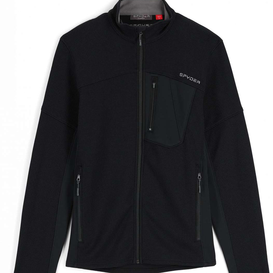 Spyder Bandit Hybrid Full-Zip Jacket 2023 - A black jacket with a zippered chest pocket and two zippered side pockets.