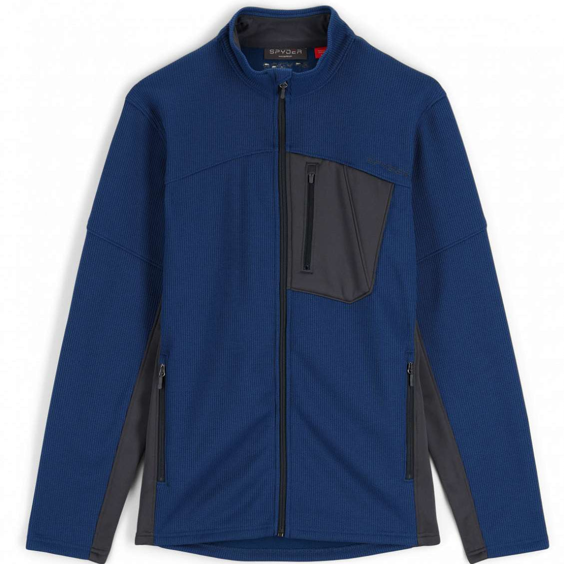 Spyder Bandit Hybrid Full-Zip Jacket 2023 - A dark blue jacket with a black zipper and two zippered pockets on either side.