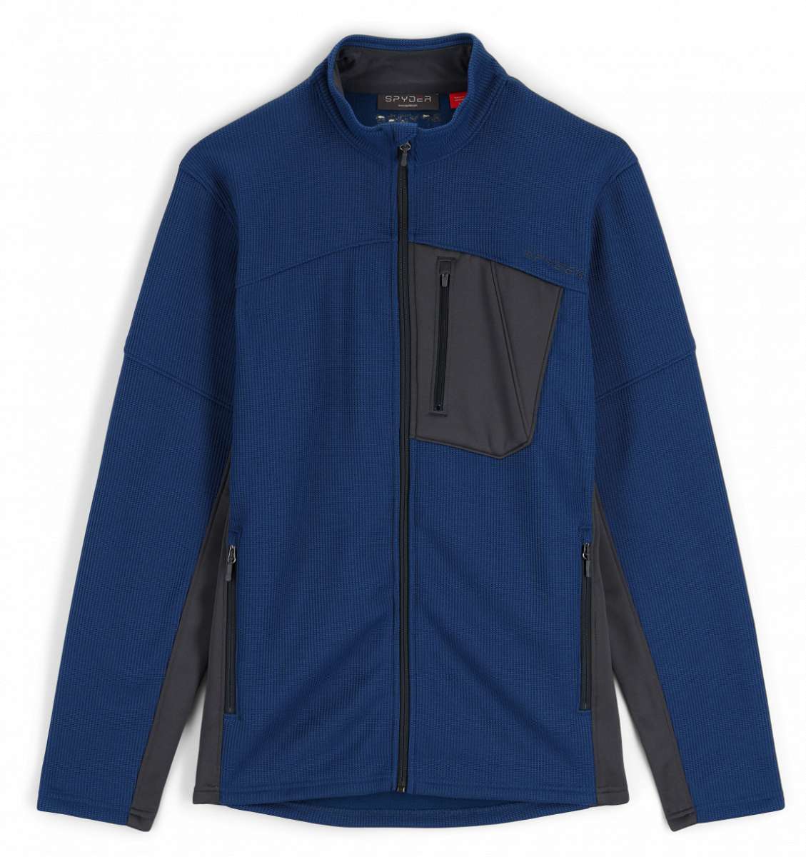 Spyder Bandit Hybrid Full-Zip Jacket 2023 - A dark blue jacket with a black zipper and two zippered pockets on either side.