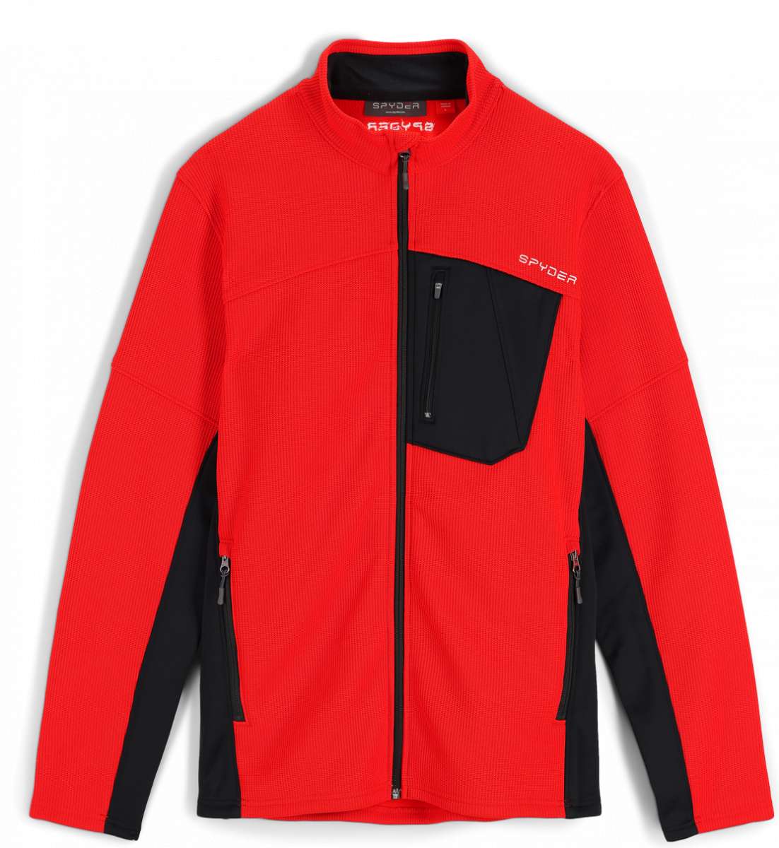 Spyder Bandit Hybrid Full-Zip Jacket 2023 - A red jacket with a black chest pocket and silver zipper.