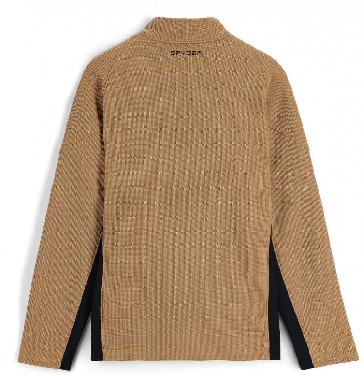 Spyder Bandit Hybrid Full-Zip Jacket 2023 - A tan jacket with a high collar and zippered front, featuring black accents on the shoulders and chest.