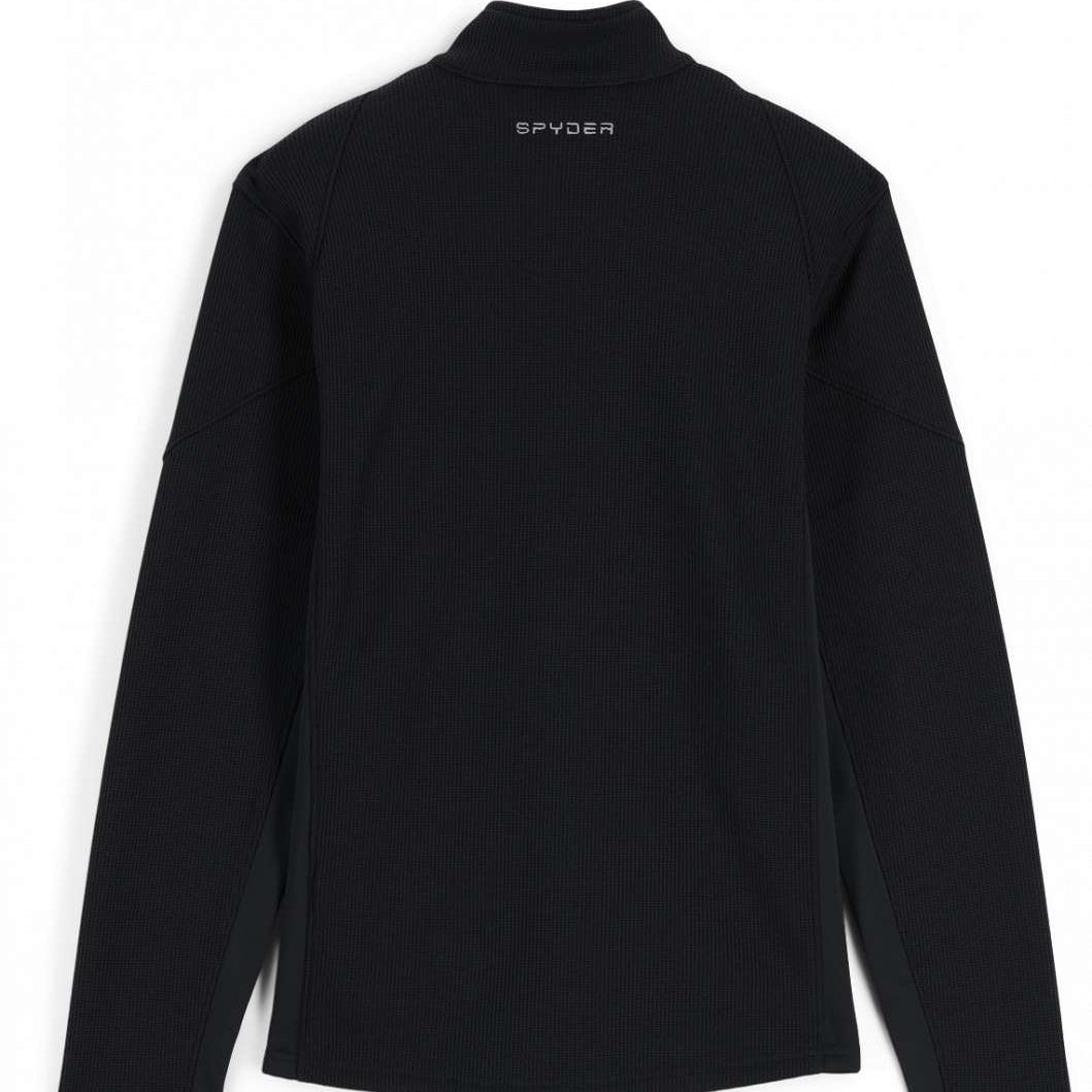 Spyder Bandit Hybrid Full-Zip Jacket 2023 - A black jacket with a zippered front and two side pockets, laid flat on a solid background.