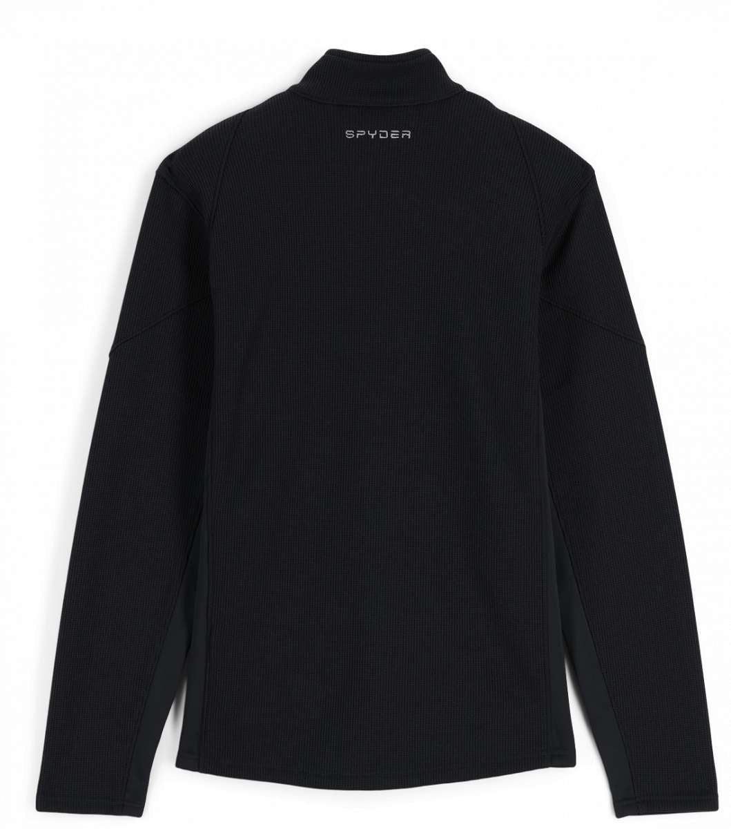 Spyder Bandit Hybrid Full-Zip Jacket 2023 - A black jacket with a zippered front and two side pockets, laid flat on a solid background.