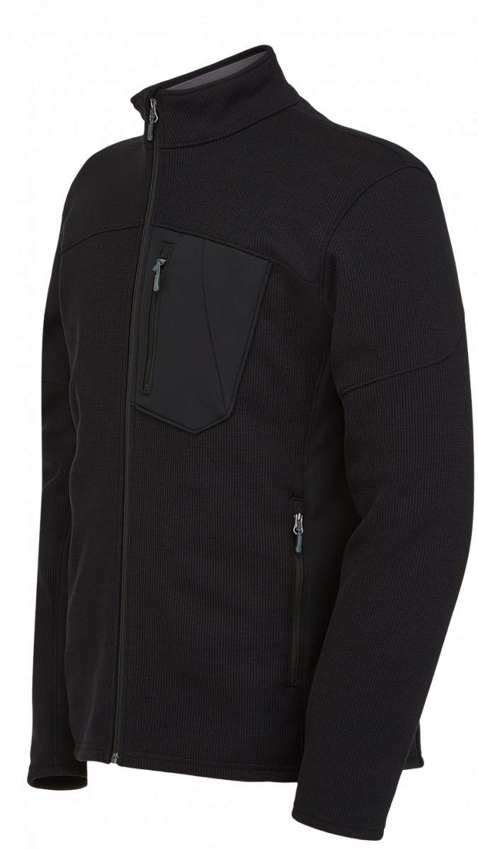 Spyder Bandit Hybrid Full-Zip Jacket 2023 - A black jacket with a zippered chest pocket and silver zipper pulls.