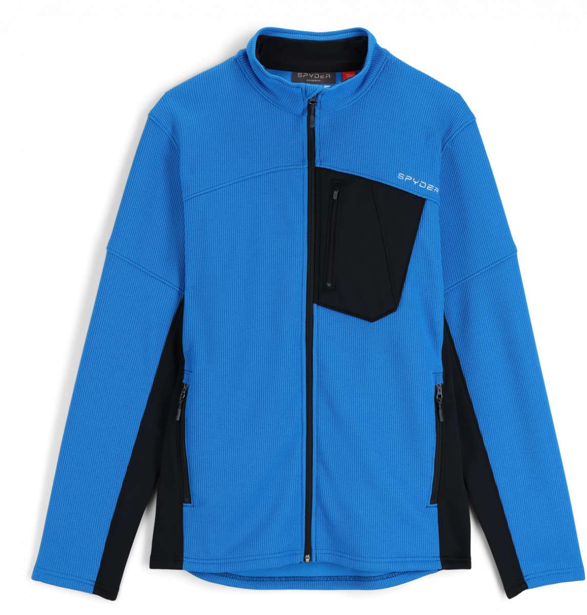 Spyder Bandit Hybrid Full-Zip Jacket 2023 - A blue jacket with a black chest pocket and zipper, featuring a textured fabric pattern on the upper body.