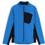 Spyder Bandit Hybrid Full-Zip Jacket 2023 - A blue jacket with a black chest pocket and zipper, featuring a textured fabric pattern on the upper body.