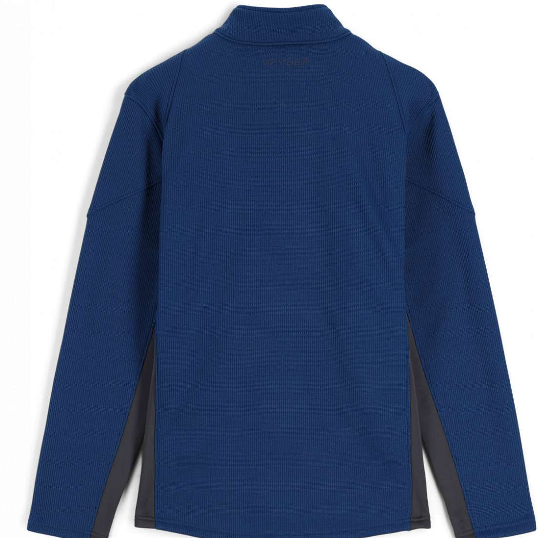 Spyder Bandit Hybrid Full-Zip Jacket 2023 - A navy blue jacket with a zippered chest pocket and black accents on the shoulders, collar, and zipper.